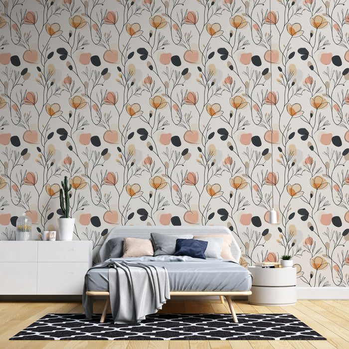 Une chambre moderne avec un papier peint floral aux teintes douces de rose et noir, créant une atmosphère chaleureuse et accueillante.