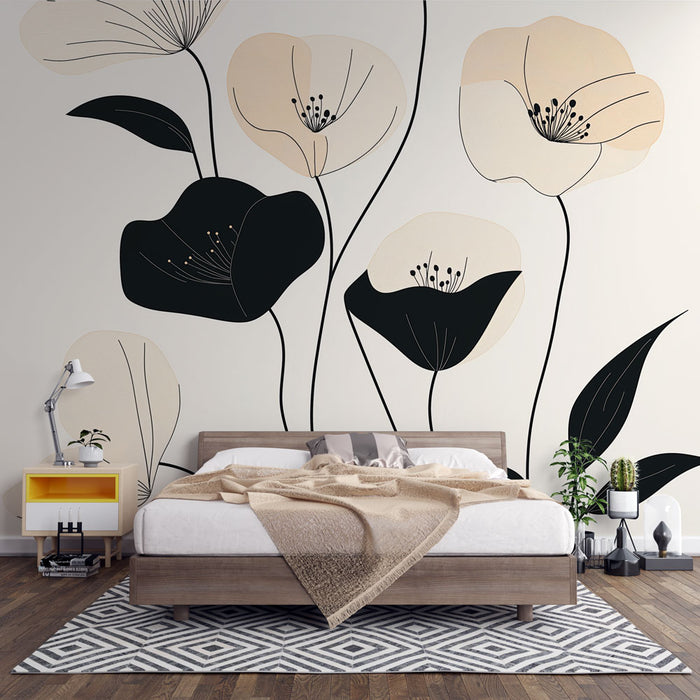 Une chambre moderne avec un papier peint floral aux teintes douces et élégantes, mêlant noir et beige, créant une atmosphère apaisante et artistique.