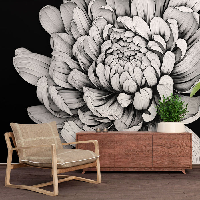 Papier peint floral monochrome avec magnifique fleur en noir et blanc pour salon élégant