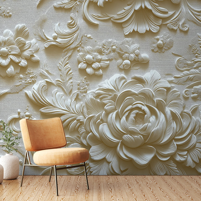 Papier peint floral | Motif 3D élégant en crème