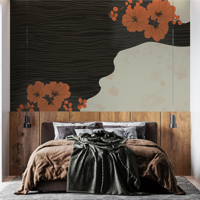 Papier peint floral abstrait avec fleurs orangées sur fond noir et crème pour chambre moderne