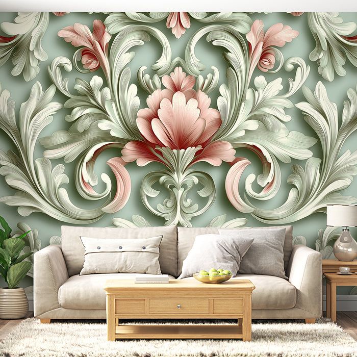 Papier peint floral | Motif baroque en rose et vert