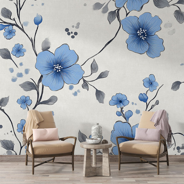 Papier peint floral | Motif bleu sur fond clair