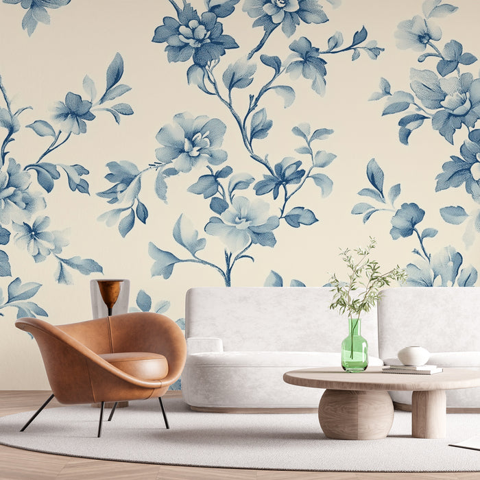 Papier peint floral | Motif bleu sur fond crème