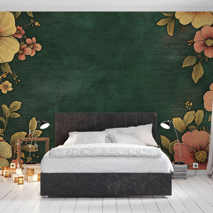 Papier peint floral | Motif botanique sur fond vert foncé