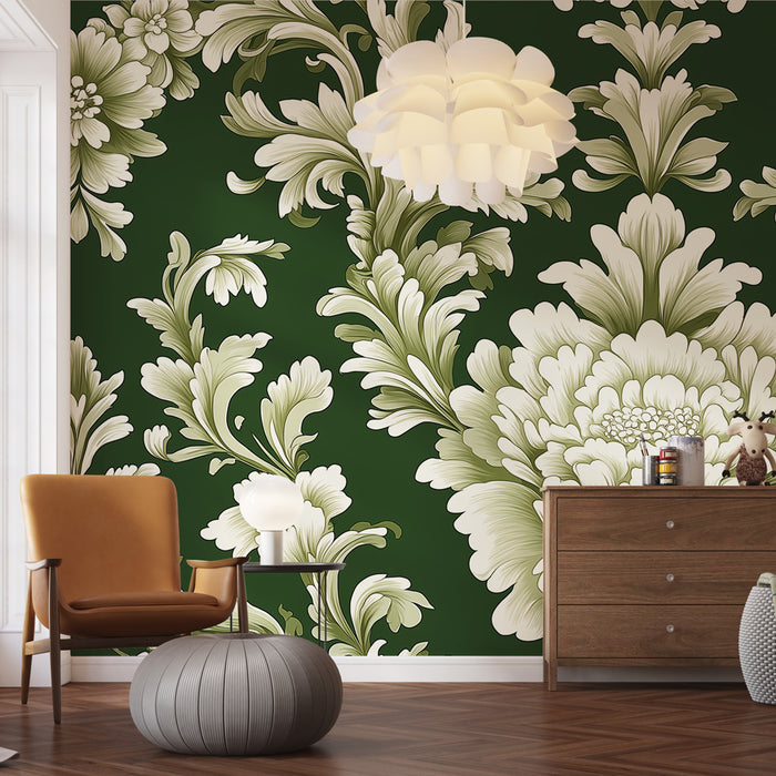 Papier peint floral | Motif classique sur fond vert