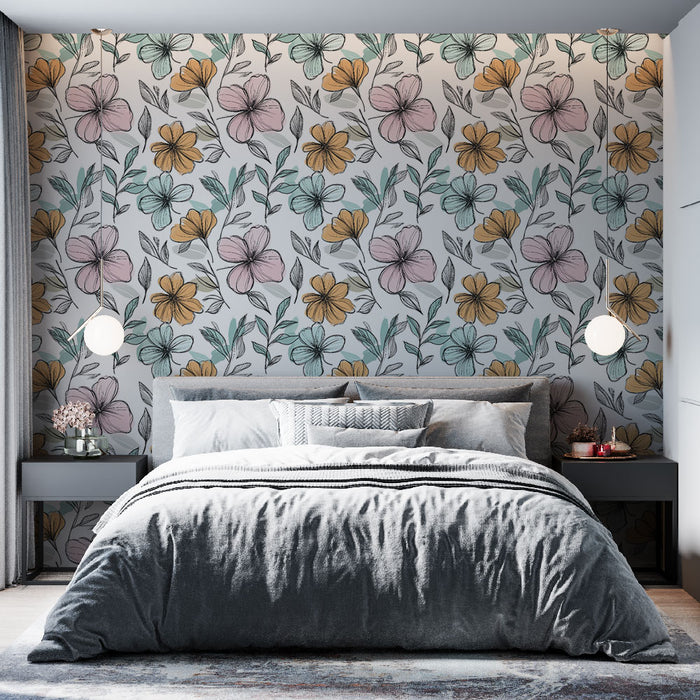 Une chambre moderne avec un papier peint floral aux teintes pastel, mêlant des fleurs roses et jaunes sur un fond clair, créant une atmosphère douce et accueillante.