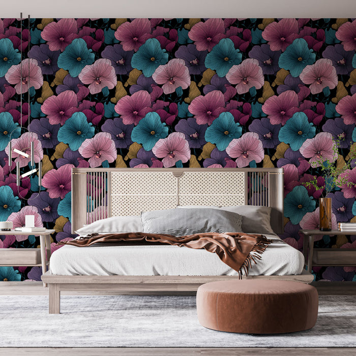 Une chambre moderne avec un papier peint floral aux grandes fleurs colorées sur fond noir, créant une atmosphère vibrante et chaleureuse.