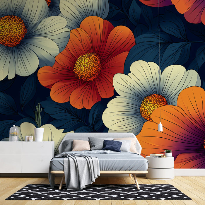 Papier peint floral | Motif coloré de fleurs sur fond sombre