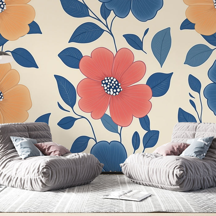 Papier peint floral | Motif coloré et délicat de fleurs sur fond crème