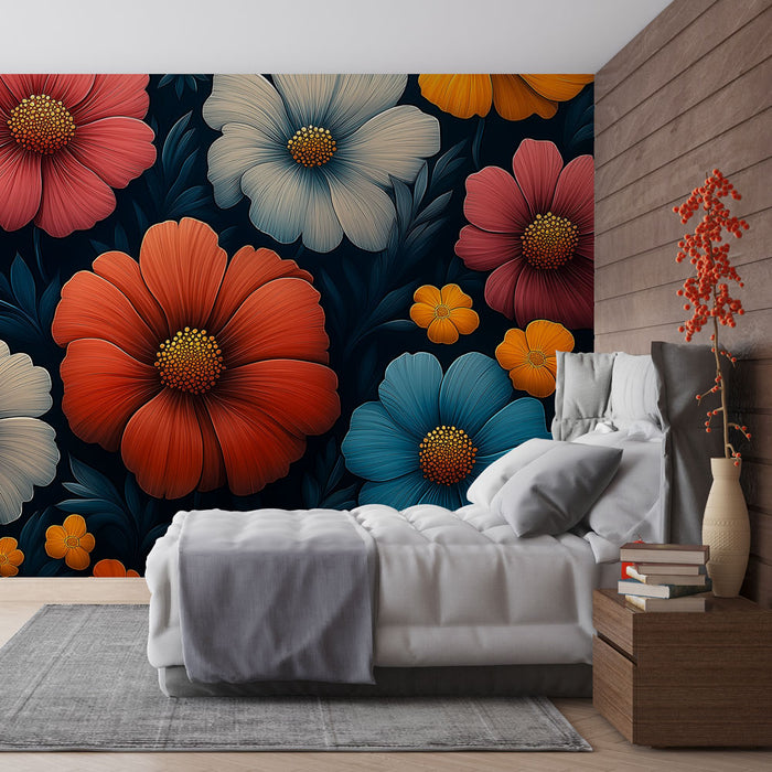 Papier peint floral | Motif coloré sur fond sombre