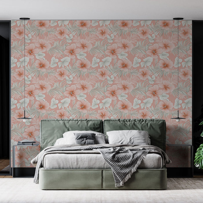 Une chambre moderne avec un papier peint floral aux teintes douces de rose et vert, évoquant une atmosphère apaisante et tropicale.