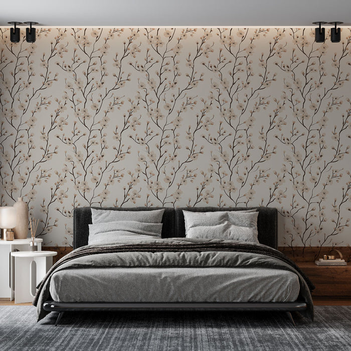 Une chambre moderne avec un papier peint floral beige et marron représentant des branches délicates, créant une atmosphère douce et apaisante.
