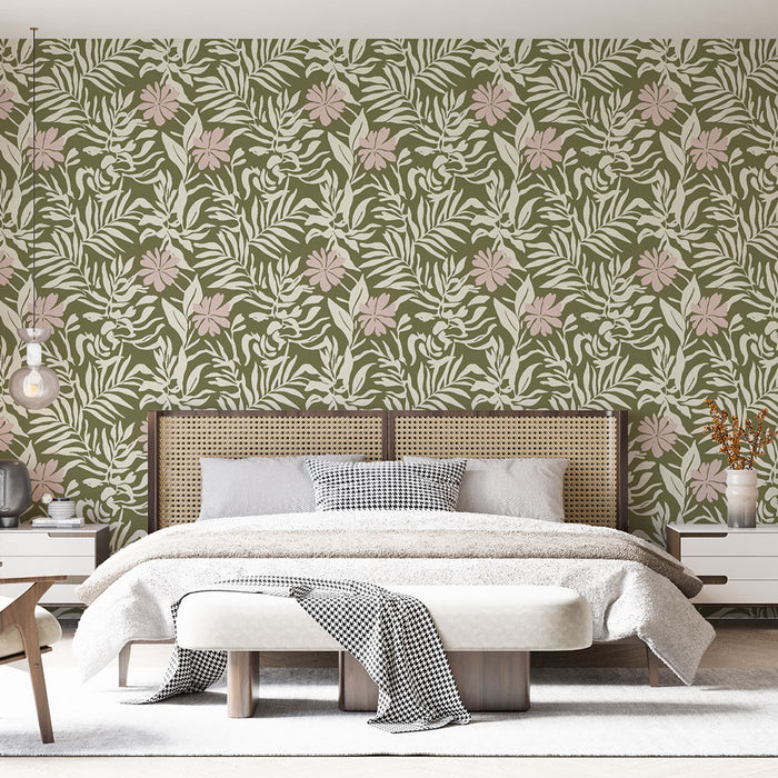 Une chambre moderne avec un papier peint floral aux motifs verts et roses sur fond olive, créant une atmosphère chaleureuse et naturelle.