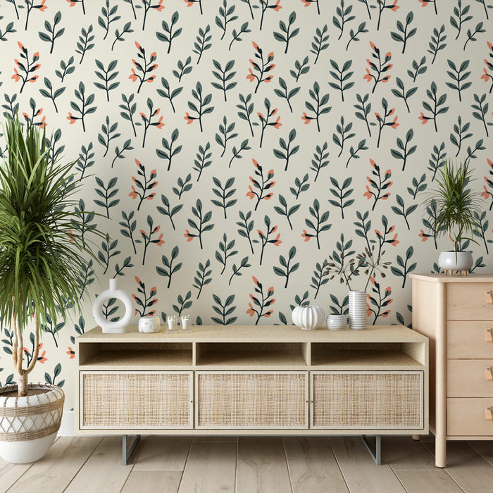 Une pièce moderne avec un papier peint floral aux motifs de feuillage vert et de petites fleurs corail sur fond crème, créant une atmosphère chaleureuse et accueillante.
