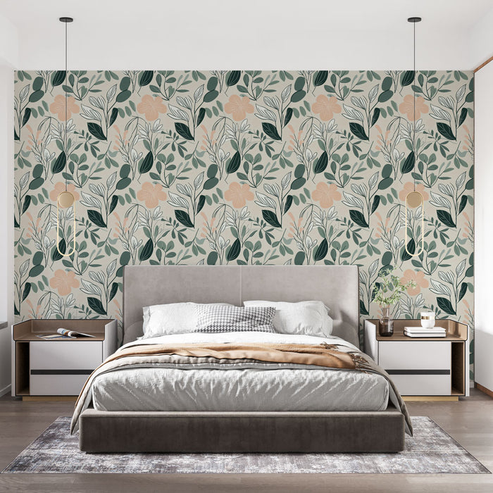 Une chambre moderne avec un papier peint floral aux motifs délicats de fleurs roses et de feuillages verts sur fond clair, créant une atmosphère douce et apaisante.