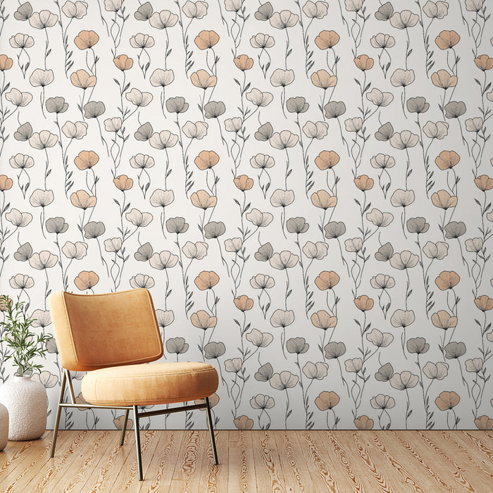 Une chambre moderne avec un papier peint floral aux teintes douces de beige et gris, créant une atmosphère apaisante et élégante.