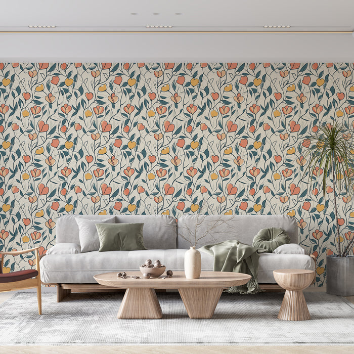 Un salon lumineux avec un papier peint floral aux motifs de tulipes roses et jaunes sur fond crème, créant une ambiance fraîche et accueillante.