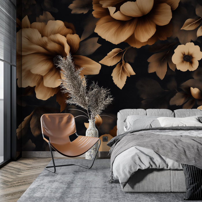 Papier peint floral | Motif de fleurs beige sur fond noir