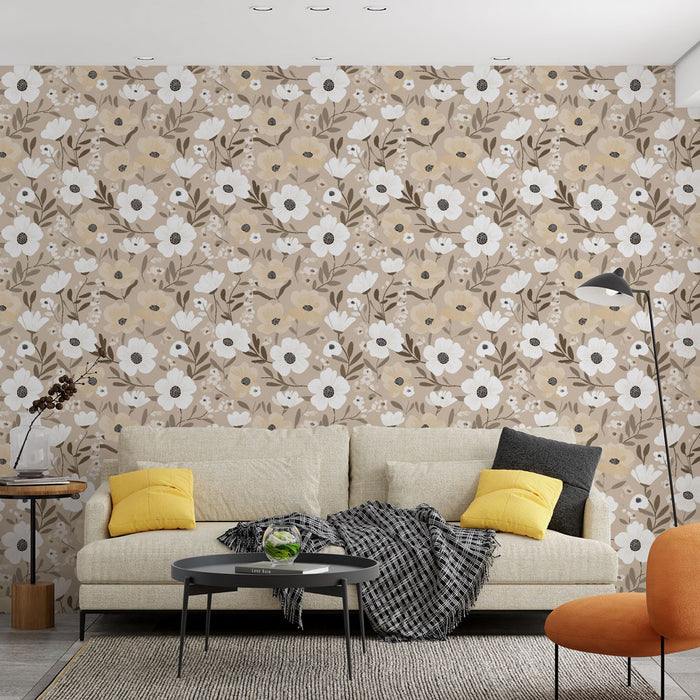 Une pièce moderne avec un papier peint floral beige et blanc aux motifs délicats, créant une atmosphère chaleureuse et accueillante.