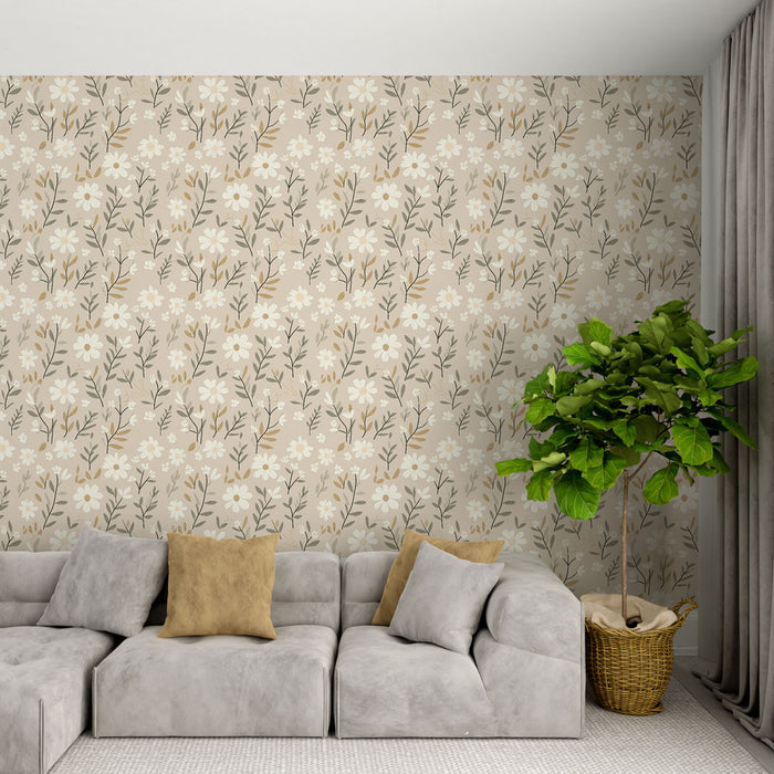 Un salon moderne avec un papier peint floral beige aux motifs délicats de fleurs blanches et de feuillages, créant une ambiance douce et apaisante.