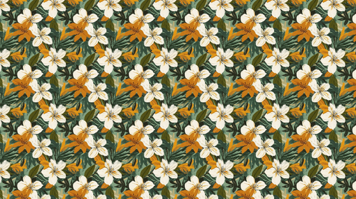 Papier peint floral Motif de fleurs blanches et orange sur fond vert