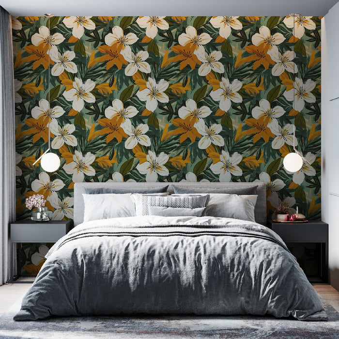 Une chambre moderne avec un papier peint floral aux motifs de grandes fleurs blanches et jaunes sur fond vert, créant une atmosphère chaleureuse et accueillante.