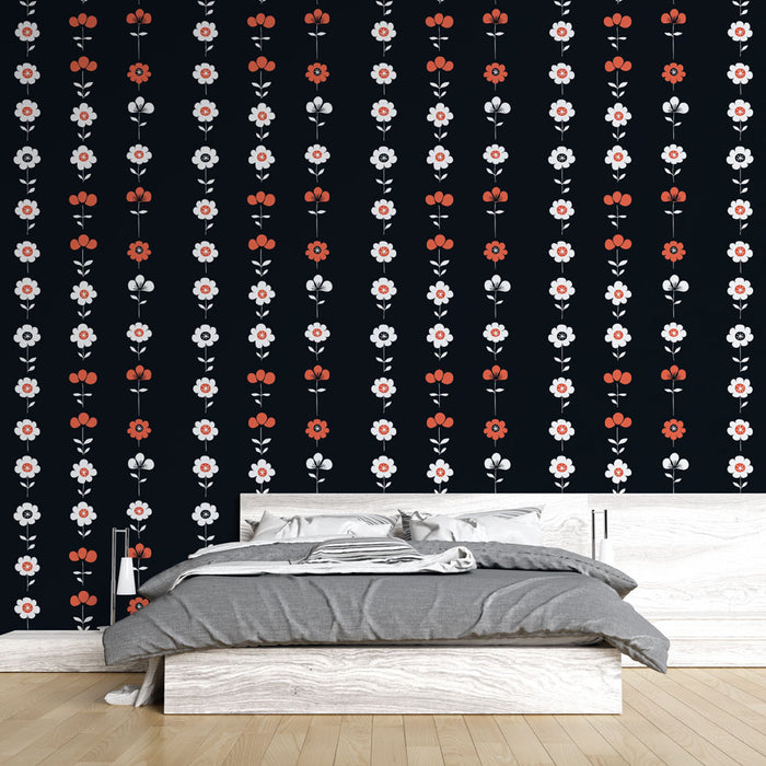 Une chambre moderne avec un papier peint floral noir, orné de fleurs blanches et rouges, créant une ambiance à la fois dynamique et chaleureuse.