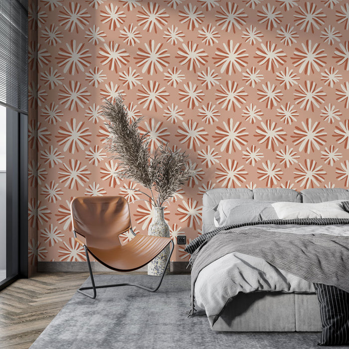 Une chambre moderne avec un papier peint aux motifs floraux blancs sur fond terracotta, créant une atmosphère chaleureuse et accueillante.