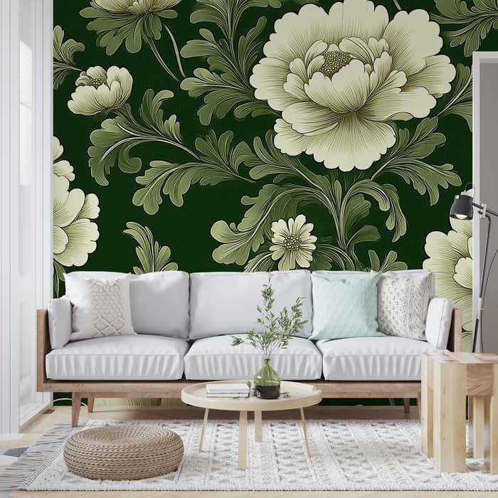 Papier peint floral | Motif de fleurs blanches sur fond vert