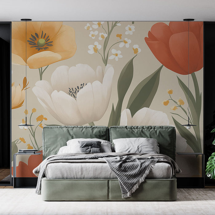 Papier peint floral | Motif de fleurs colorées sur fond clair