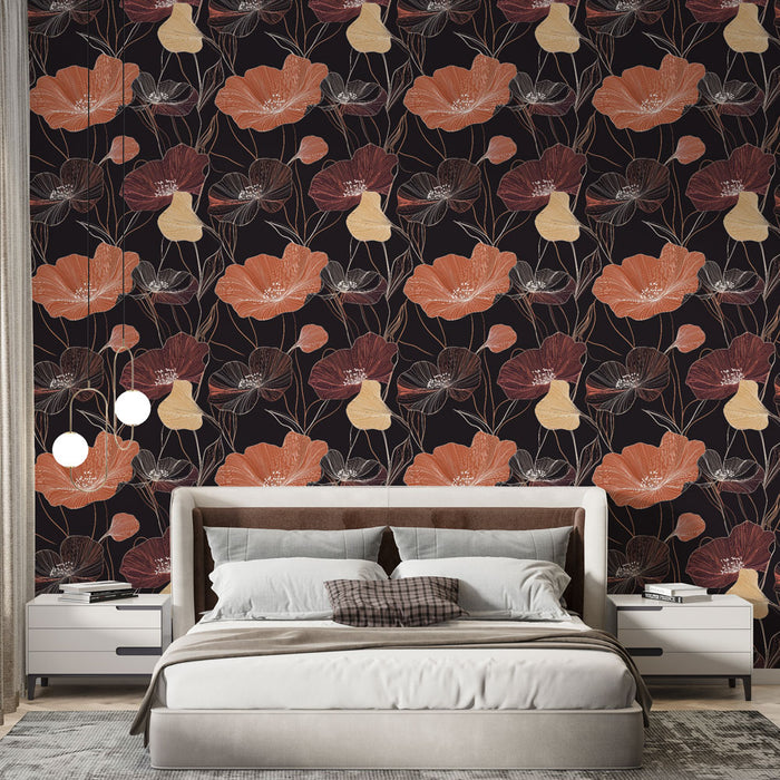Une chambre élégante avec un papier peint floral aux teintes chaudes de rouge et d'orange sur fond noir, créant une ambiance chaleureuse et accueillante.