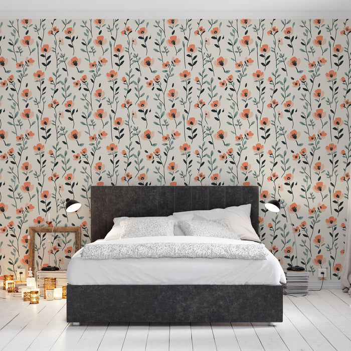 Une chambre moderne avec un papier peint floral aux motifs de fleurs orange et feuillage vert sur fond clair, créant une ambiance chaleureuse et accueillante.