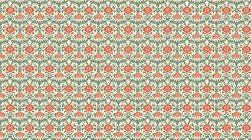 Papier peint floral Motif de fleurs corail et feuillage vert sur fond crème