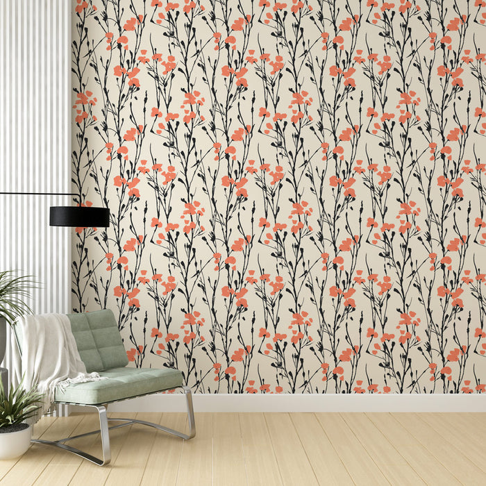 Une pièce moderne avec un papier peint floral aux motifs noirs et corail sur fond crème, créant une ambiance chaleureuse et accueillante.