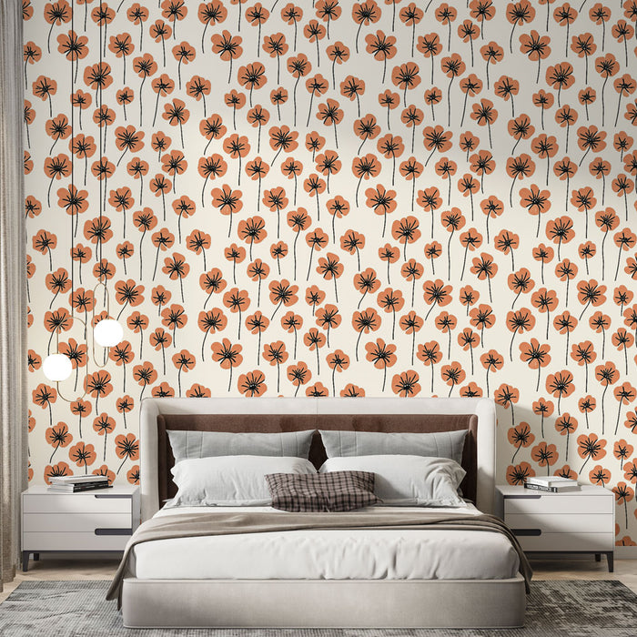 Une chambre moderne avec un papier peint floral aux motifs orange et noir sur fond clair, créant une atmosphère chaleureuse et accueillante.