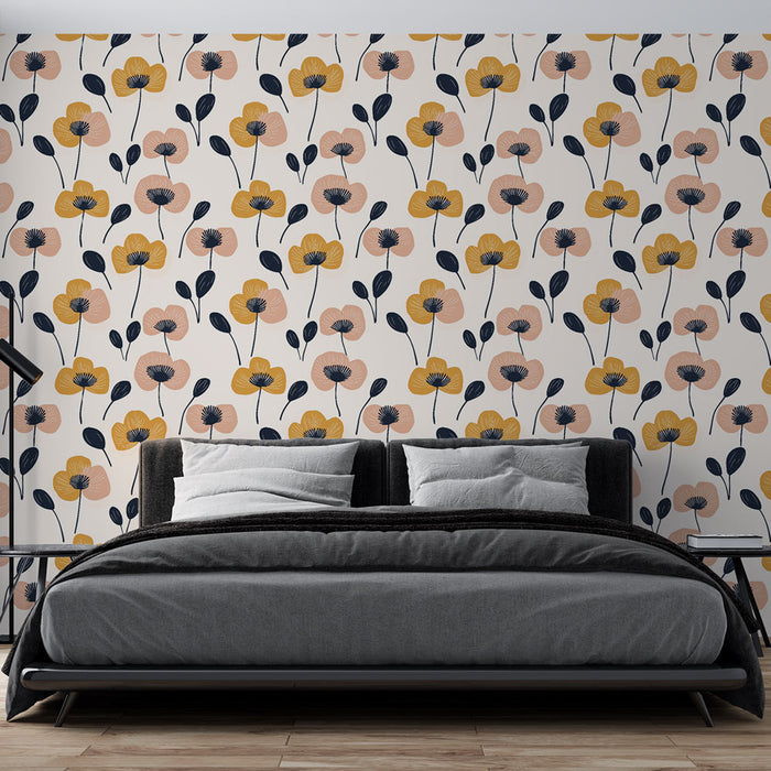 Une chambre moderne avec un papier peint floral aux motifs colorés de fleurs jaunes et roses sur fond clair, dégageant une ambiance chaleureuse et accueillante.