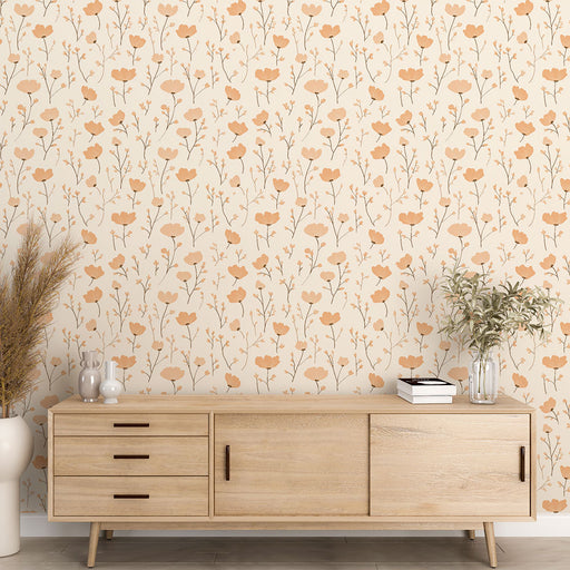 Une pièce moderne avec un papier peint floral aux teintes douces de beige et de terracotta, créant une atmosphère chaleureuse et apaisante.
