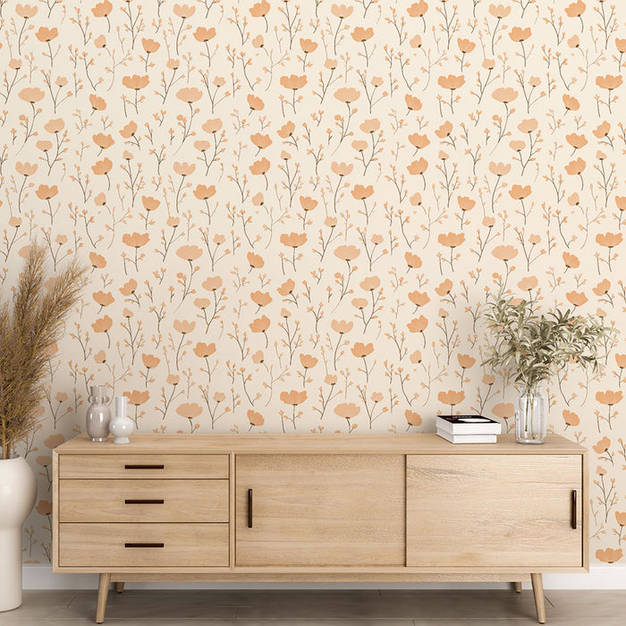 Une pièce moderne avec un papier peint floral aux teintes douces de beige et de terracotta, créant une atmosphère chaleureuse et apaisante.
