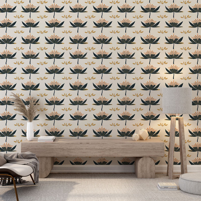 Une pièce moderne avec un papier peint floral aux motifs de fleurs délicates en noir, rose et or sur fond clair, créant une ambiance chaleureuse et accueillante.