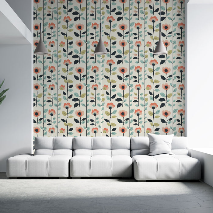 Un salon moderne avec un papier peint floral aux motifs colorés de fleurs et de feuilles sur fond clair, créant une ambiance fraîche et accueillante.
