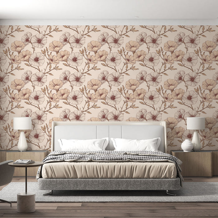 Une chambre élégante avec un papier peint floral aux motifs de fleurs beige et bordeaux sur fond clair, créant une atmosphère douce et chaleureuse.