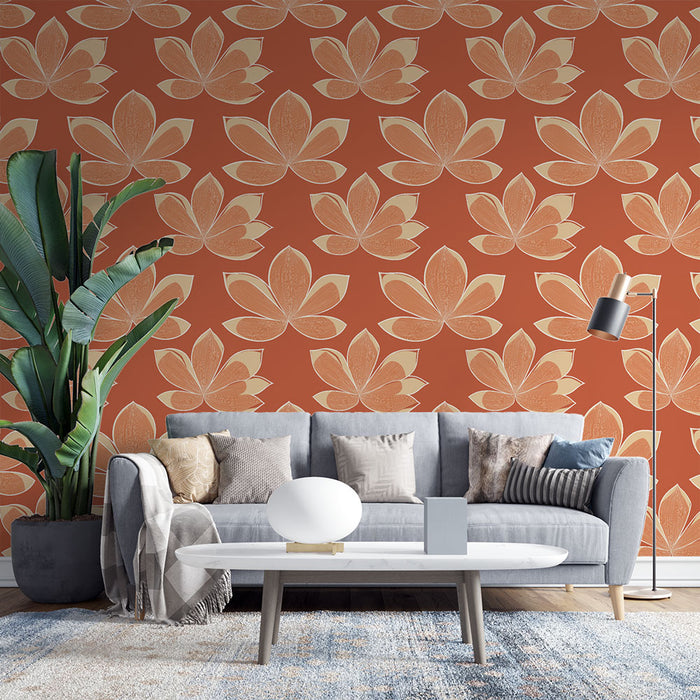 Un salon moderne avec un papier peint terracotta aux motifs de fleurs stylisées beige, créant une atmosphère chaleureuse et accueillante.
