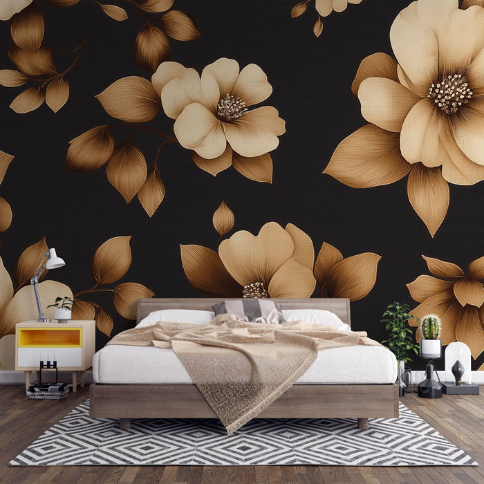 Papier peint floral | Motif de fleurs dorées sur fond noir