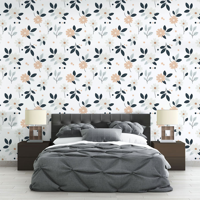Une chambre moderne avec un papier peint floral aux motifs délicats de fleurs roses et bleues sur fond blanc, créant une ambiance douce et apaisante.