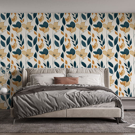Une chambre moderne avec un papier peint floral aux motifs de fleurs jaunes et feuillages verts sur fond clair, créant une ambiance chaleureuse et accueillante.