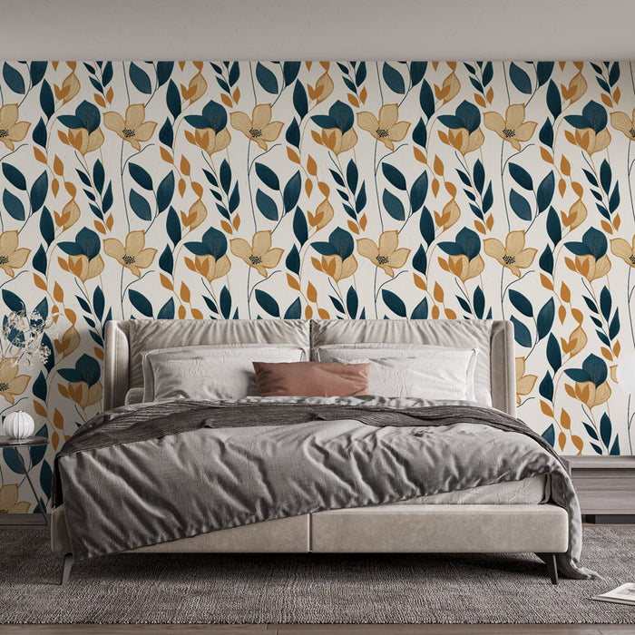 Une chambre moderne avec un papier peint floral aux motifs de fleurs jaunes et feuillages verts sur fond clair, créant une ambiance chaleureuse et accueillante.