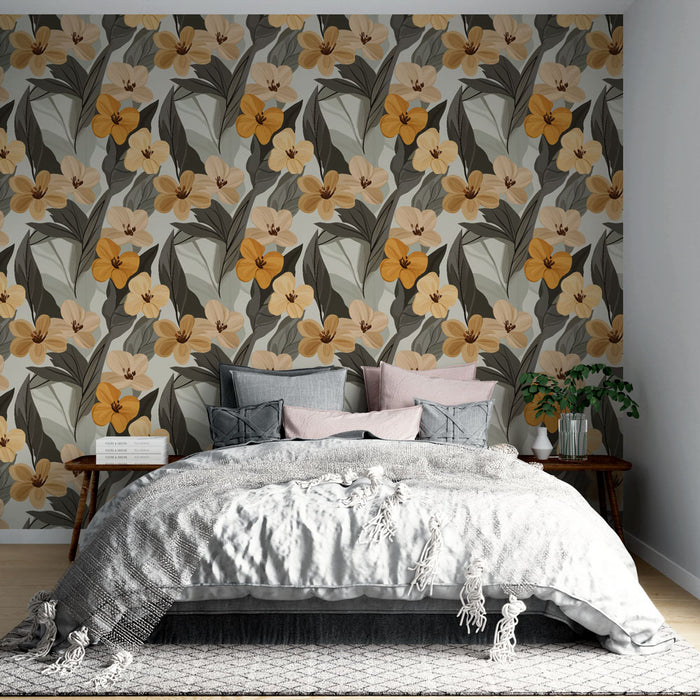 Une chambre accueillante avec un papier peint floral aux teintes douces de jaune et de vert, créant une atmosphère chaleureuse et apaisante.