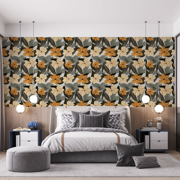 Une chambre moderne avec un papier peint floral aux teintes chaudes de jaune et beige, entouré de feuillages verts, créant une atmosphère accueillante et élégante.