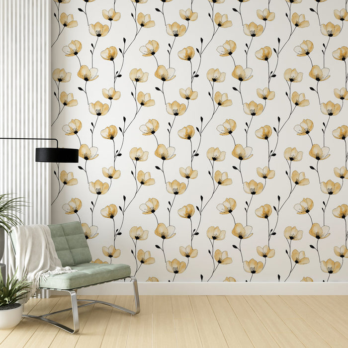Un salon lumineux avec un papier peint floral aux motifs de fleurs jaunes délicates sur fond blanc, créant une ambiance douce et apaisante.